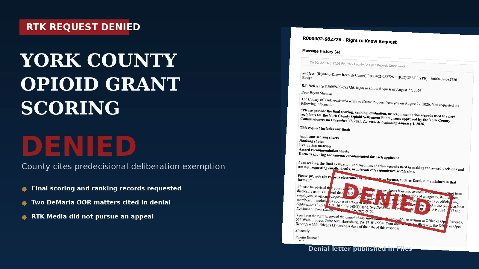 York County Cited Prior DeMaria Cases to Deny Opioid Grant Scoring Records